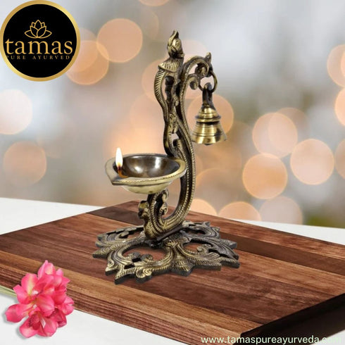 Tamas Brass Handcrafted Peacock Diya with Bell with Antique Finish